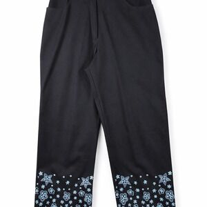 Susan Graver Women's Black Cropped Pants Embroidered Hem Cotton Size 12